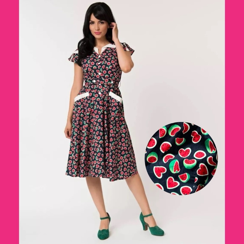 Unique Vintage Hedda Blue Red Watermelon Fruit Print Swing  40s Dress Retro M